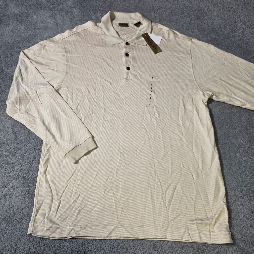 AXIST Mens L Long Sleeve Polo Shirt Cream Ribbed Rayon Cotton AF21327